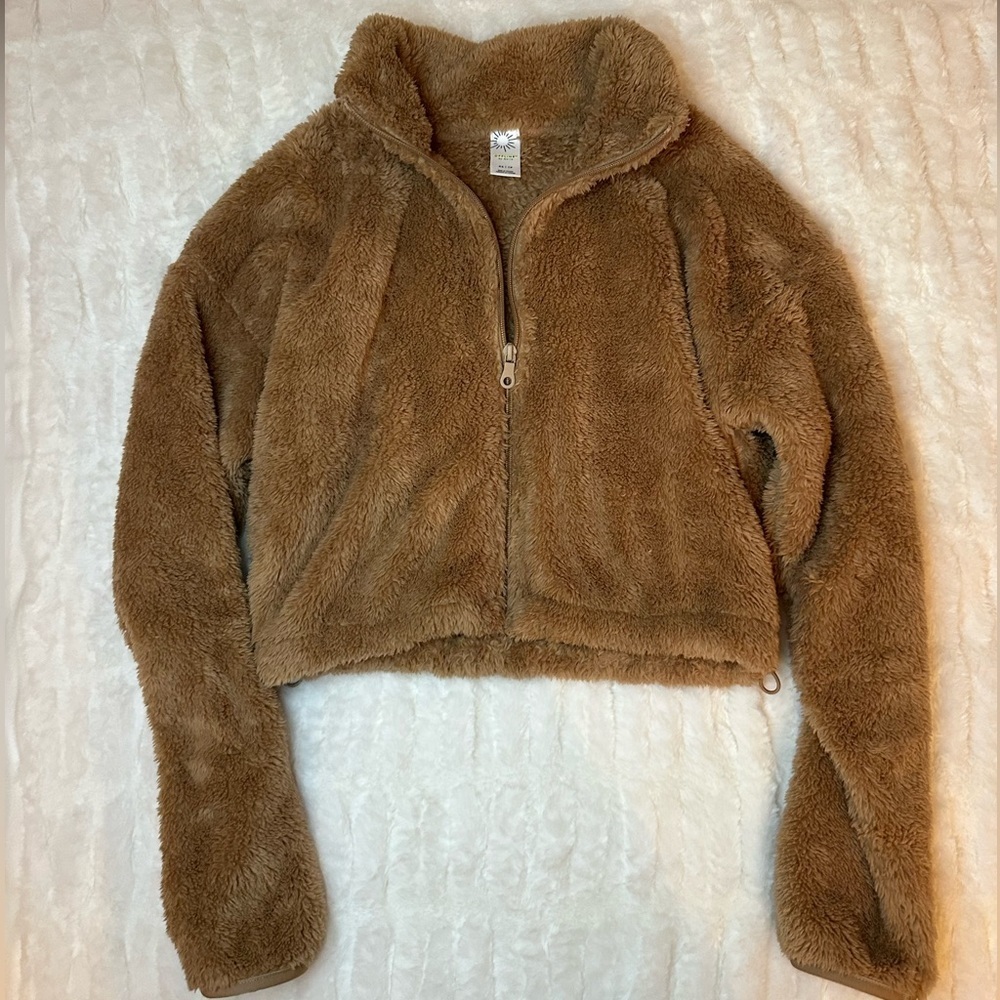 Aerie Offline Fluffy Sherpa Cropped Cozy Brown Teddy Jacket Size XS - Picture 7 of 10